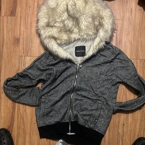 Vintage Havana Gray Bomber Jacket with Faux Fur Collar